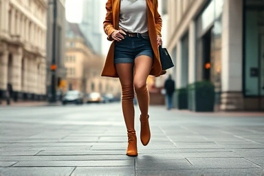 Woman confidently wearing elongating ankle boots and stylish outfit.