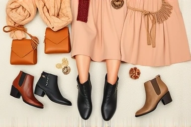 Flat lay of ankle boots, fashion items, and styling tips.