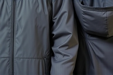 Close-up details of anorak windbreaker materials and design.