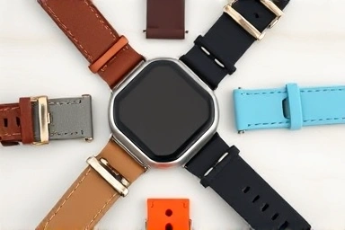Various Apple Watch straps in different materials and colors