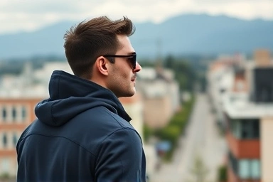 Man in Arc'teryx Squamish hoodie, urban mountain view, gorpcore fashion