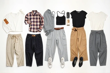 Flat lay of baggy pants with styling accessories.