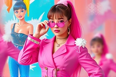 Woman in modern Barbiecore pink fashion with retro and kitsch elements