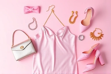 Flat lay of essential Barbiecore pink fashion accessories and clothing