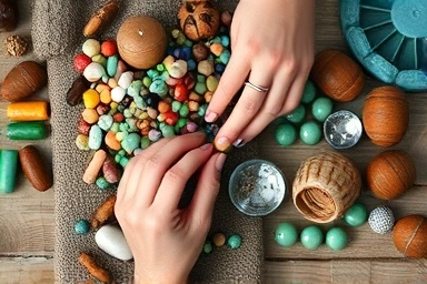 Colorful beads and jewelry-making supplies on a wooden table.