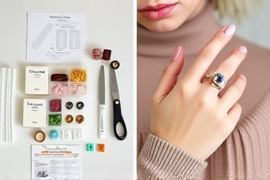 DIY bead ring kit and a finished stylish bead ring.