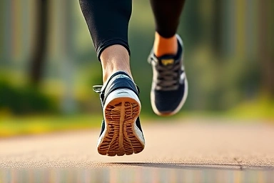 Runner's feet landing gently, emphasizing shoe support and knee protection.