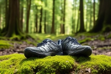 Lightweight trekking shoes on a forest floor