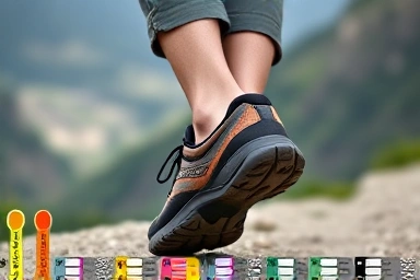 Hiker's feet in comfortable trekking shoes on a trail