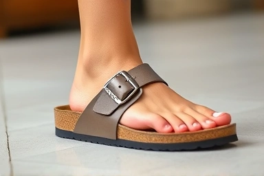 Close-up of foot fitting into a Birkenstock Arizona sandal.