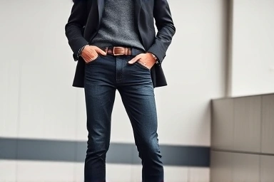 Stylish person in black jeans, blazer, and knit sweater.