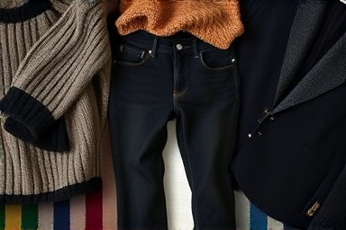 Flat lay of knitwear, blazers, and black jeans.
