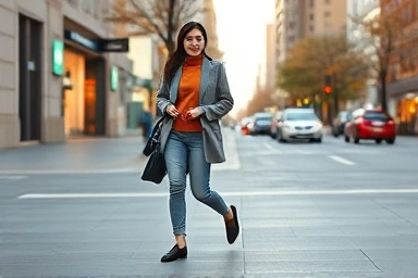 Stylish woman wearing bloafer shoes in autumn city.
