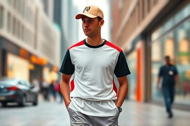 Man wearing retro soccer jersey and wide-leg pants, urban street style.