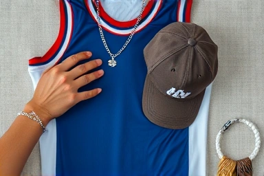 Styling sports jersey with accessories: chain, cap, and jersey.