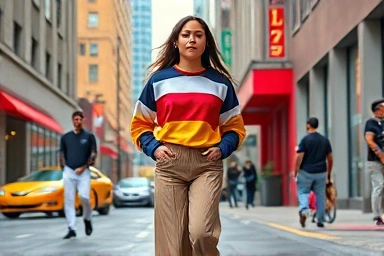 Stylish woman in color-blocked blockcore outfit on city street