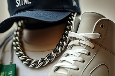 Y2K blockcore fashion accessories: cap, chain, sneakers