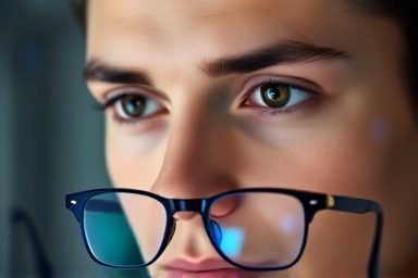 Blue light blocking glasses protecting eyes from digital screen.