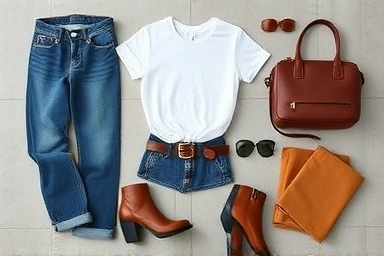 Flat lay of bootcut jeans with styling accessories for versatile outfits.
