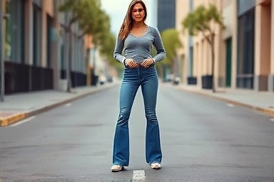 Woman wearing stylish bootcut jeans on a city street.
