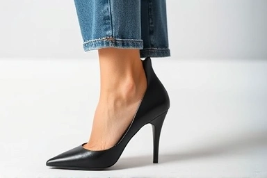 Bootcut jeans hem elegantly covering high heels.
