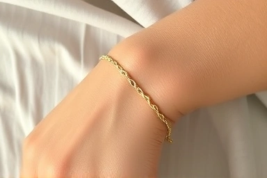 Layered silver and gold chain bracelets on a wrist.