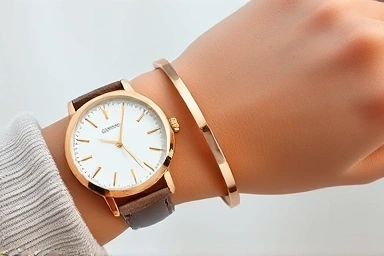 Wristwatch and rose gold bangle bracelet stacked.