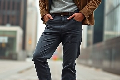 Man wearing stylish carpenter pants in urban setting