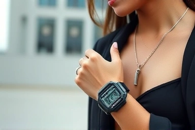 Stylish person wearing Casio digital watch and silver jewelry