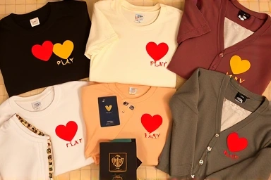 Comdes Garçons PLAY apparel with different badges and shopping hints.