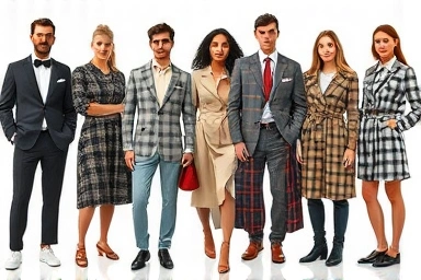 Stylish people wearing diverse check pattern outfits in modern settings