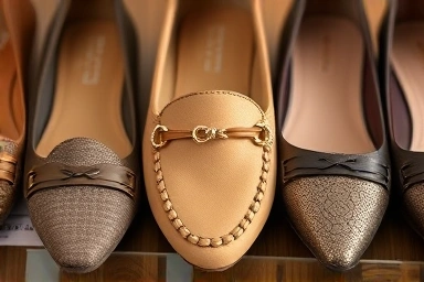 Detailed view of stylish and comfortable flat shoes from various brands.