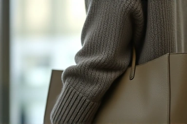 Close-up of COS knit sweater texture and minimalist tote bag.