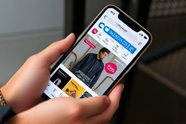 Hand holding smartphone showing fashion retail sites with jacket.