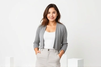 Woman in stylish cropped cardigan outfit, emphasizing proportion.