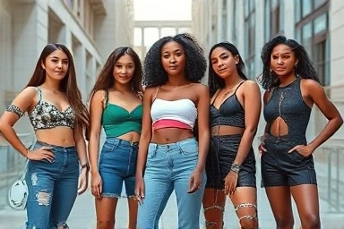 Stylish individuals wearing diverse cutout fashion outfits in urban setting.