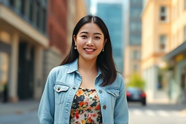 Young woman in denim jacket and floral dress