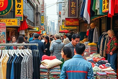 Bustling Seoul flea market with vintage clothing and eager shoppers.