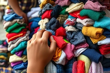 Hand sifting through piles of affordable vintage clothing, seeking treasures.