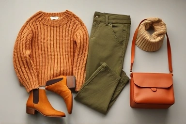 Earthy toned fashion flat lay: knit, corduroy, suede, leather.