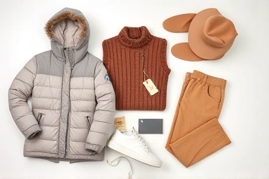 Stylish winter clothing sale flat lay