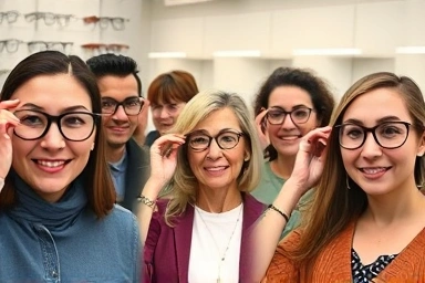People trying on stylish eyeglasses that flatter their face shapes.