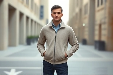Person wearing a classic fleece jacket, stylish and timeless fashion
