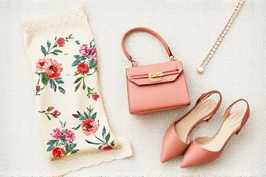 Flat lay of floral dress accessories: silk fabric, handbag, sandals, jewelry.