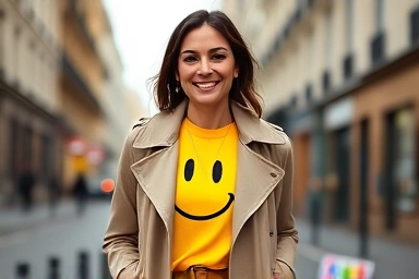 Woman wearing yellow Ganni smiley t-shirt outdoors