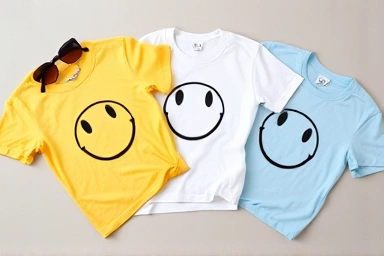 Flat lay of Ganni smiley t-shirts and accessories