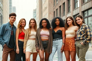 Diverse individuals embracing genderless fashion in a modern city.