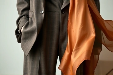 Stylish androgynous clothing details: blazer, wide pants, scarf.