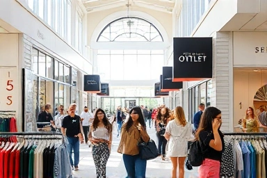 Modern premium outlet mall interior with shoppers and displays