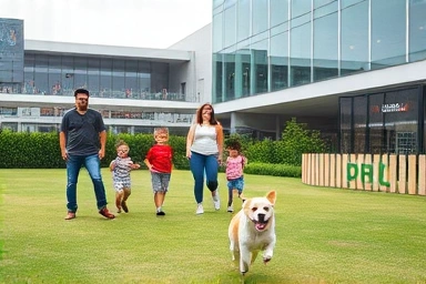 Family and dog enjoying a pet park near a premium shopping mall